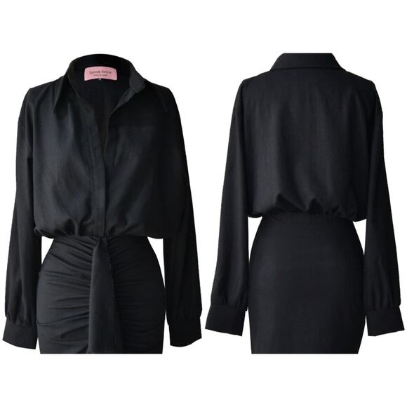 Rayana Bacha Ipanema Mini Dress Black Size 36 NEW Long Sleeve Draped Front - Picture 2 of 9